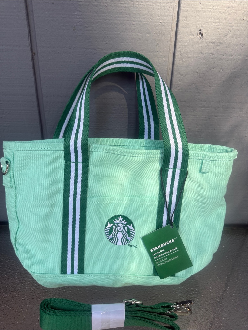 Starbucks Mint Green Canvas Tote with Striped Green Handles